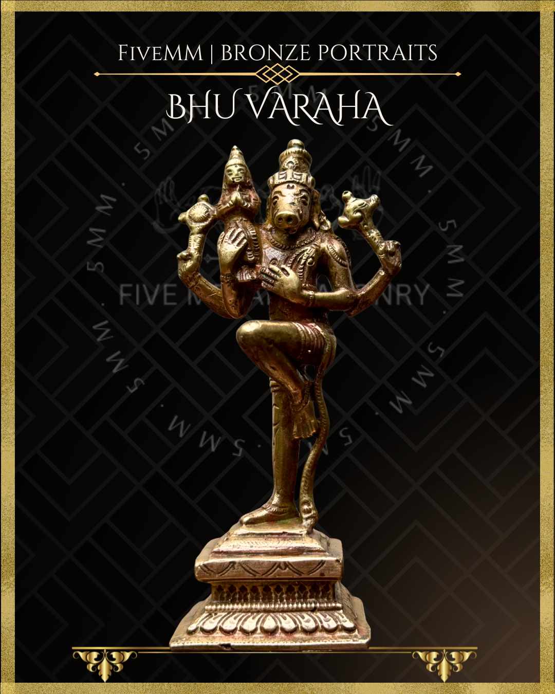 Bhu-Varaha Panchaloha Bronze statue – per Shilpa Sastra iconography, handcrafted by lost wax casting – Bottom up angle view