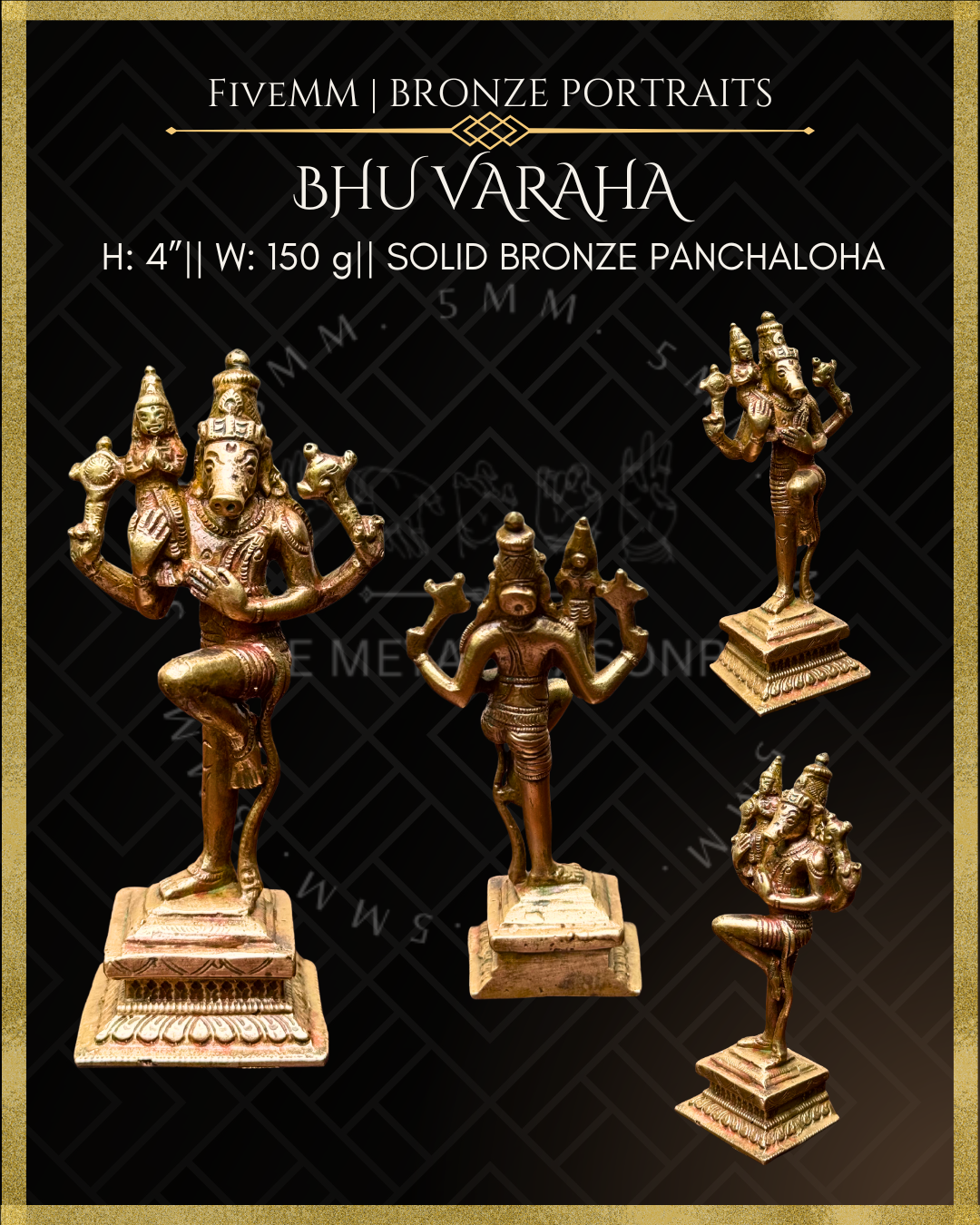 Bhu-Varaha Panchaloha Bronze statue – per Shilpa Sastra iconography, handcrafted by lost wax casting – All angles view