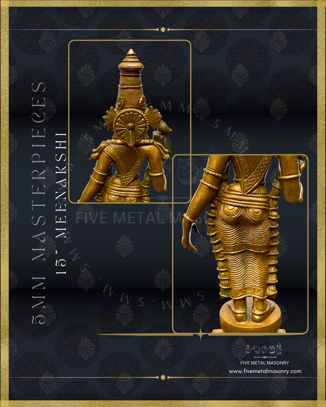 Madurai Meenakshi Panchaloha Bronze statue -  Masterpieces Collection - Iconography per Shilpa Sastra, handcrafted lost wax casting – Back closeup view