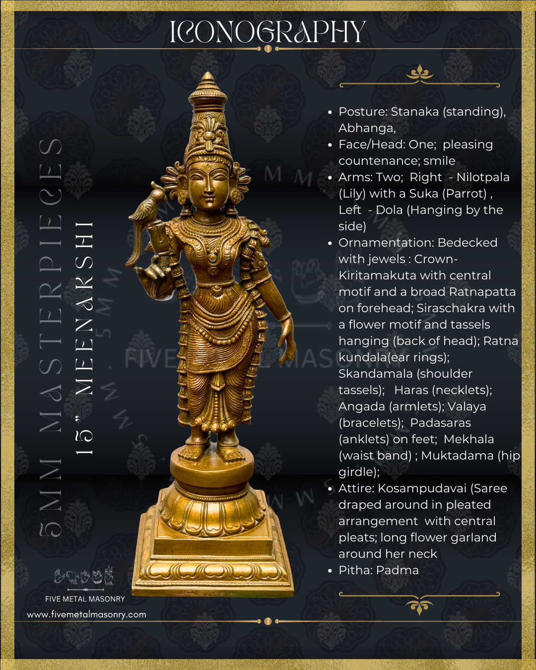 Madurai Meenakshi Panchaloha Bronze statue -  Masterpieces Collection - Iconography per Shilpa Sastra, handcrafted lost wax casting – Iconographic Description