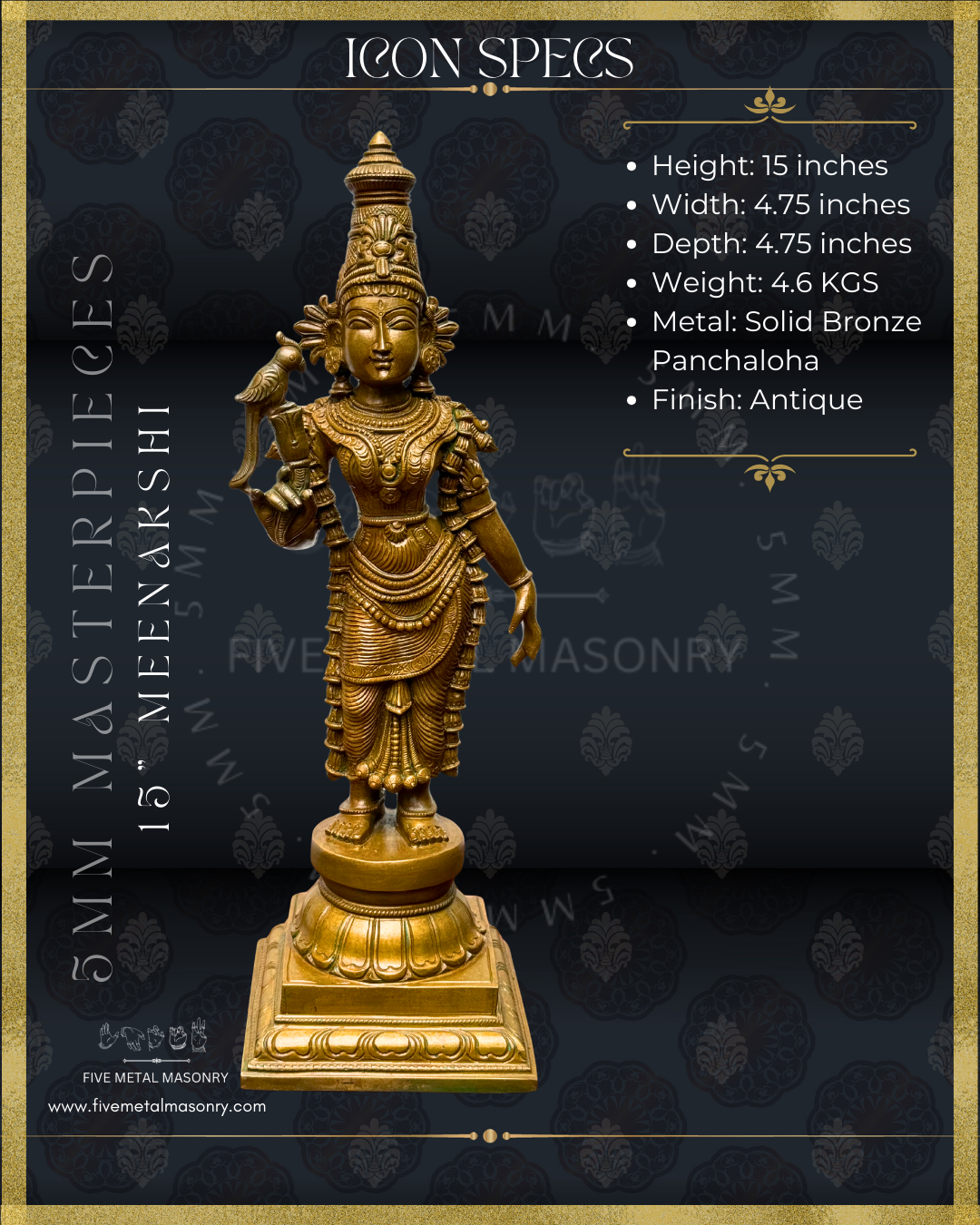 Madurai Meenakshi Panchaloha Bronze statue -  Masterpieces Collection - Iconography per Shilpa Sastra, handcrafted lost wax casting – Dimensions view