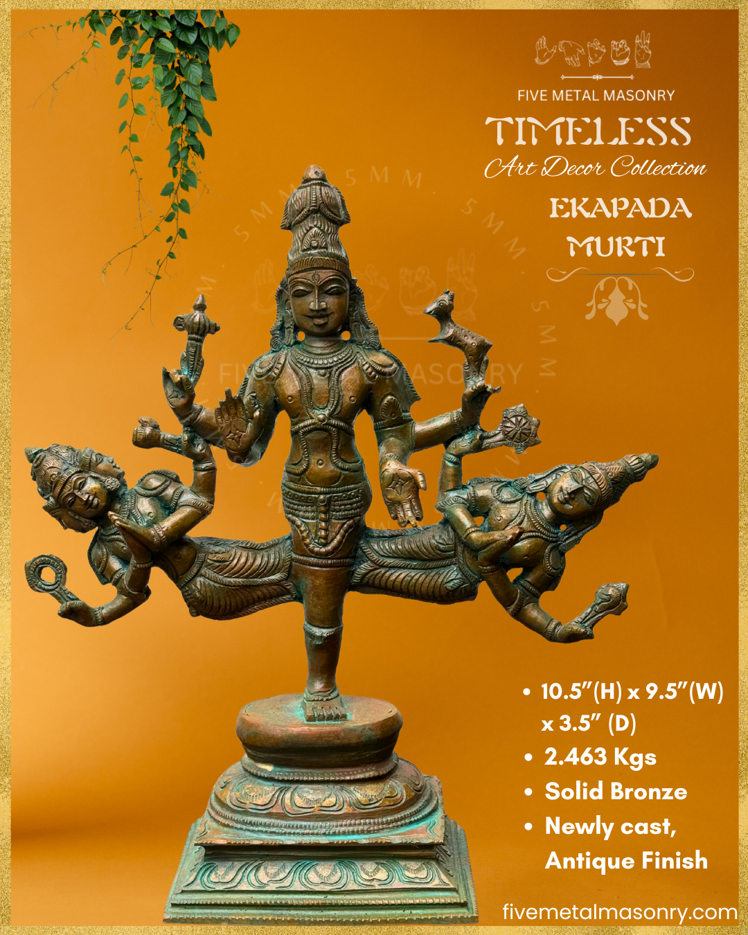Ekapada Murti- Shiva:Vishnu:Brahma- Bronze Panchaloha statue – Timeless Collection - Iconography per Shilpa Sastra, Handcrafted lost wax casting – Dimensions view