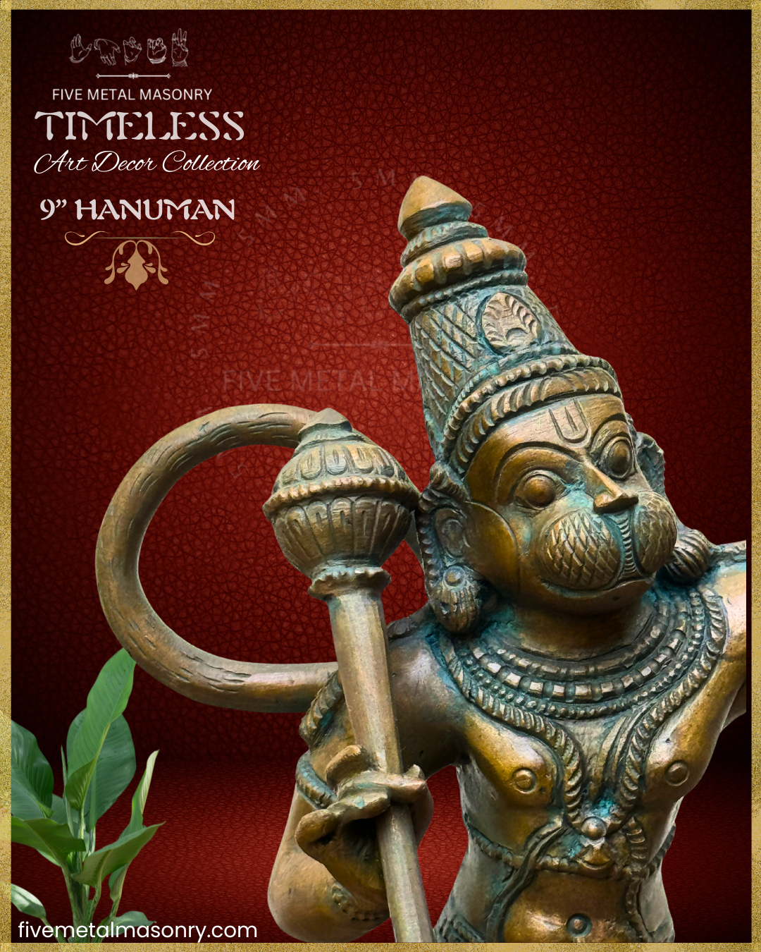 Hanuman Panchaloha Bronze statue – Timeless Collection - Iconography per Shilpa Sastra, Handcrafted lost wax casting – Face closeup view