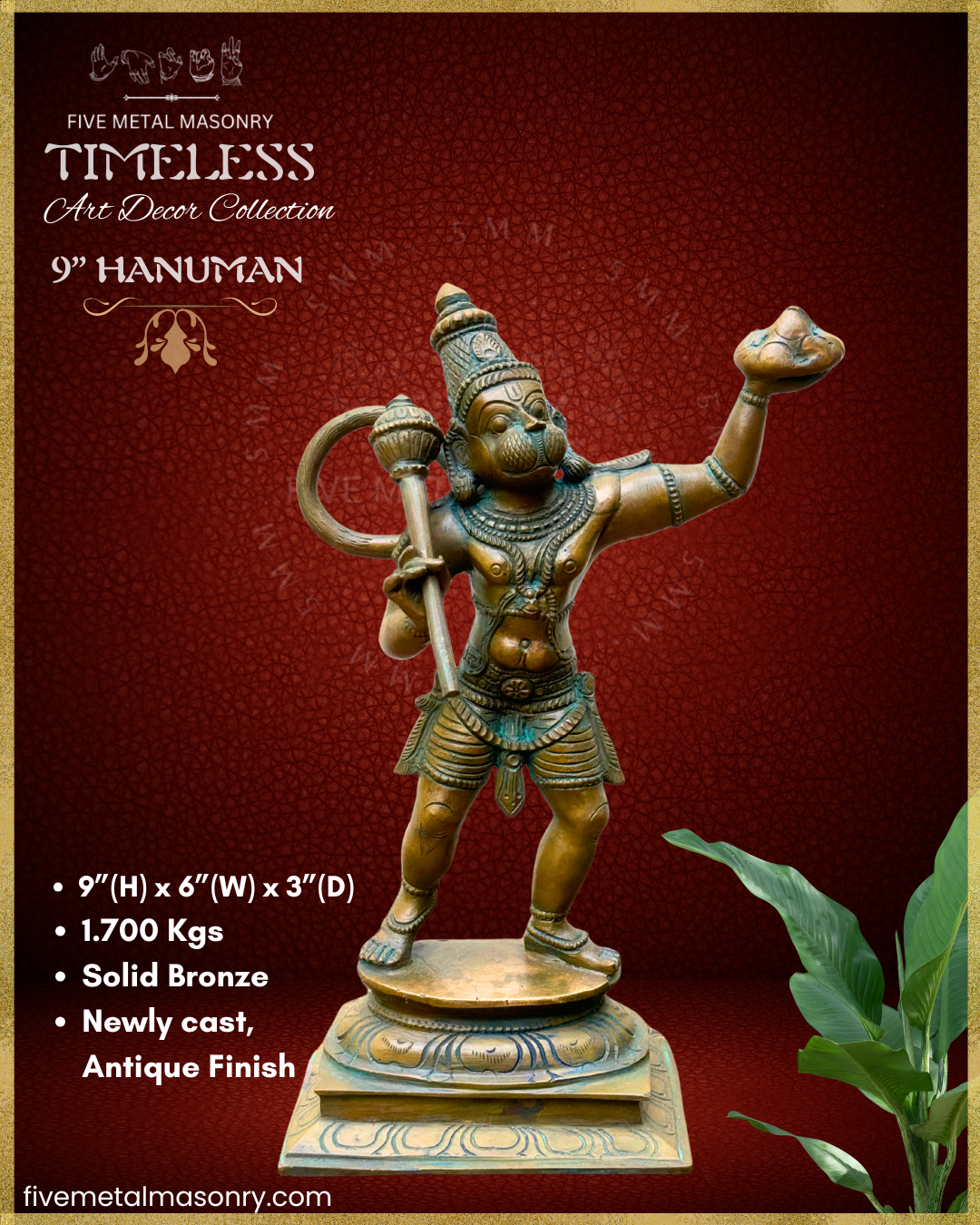 Hanuman Panchaloha Bronze statue – Timeless Collection - Iconography per Shilpa Sastra, Handcrafted lost wax casting – Specifications