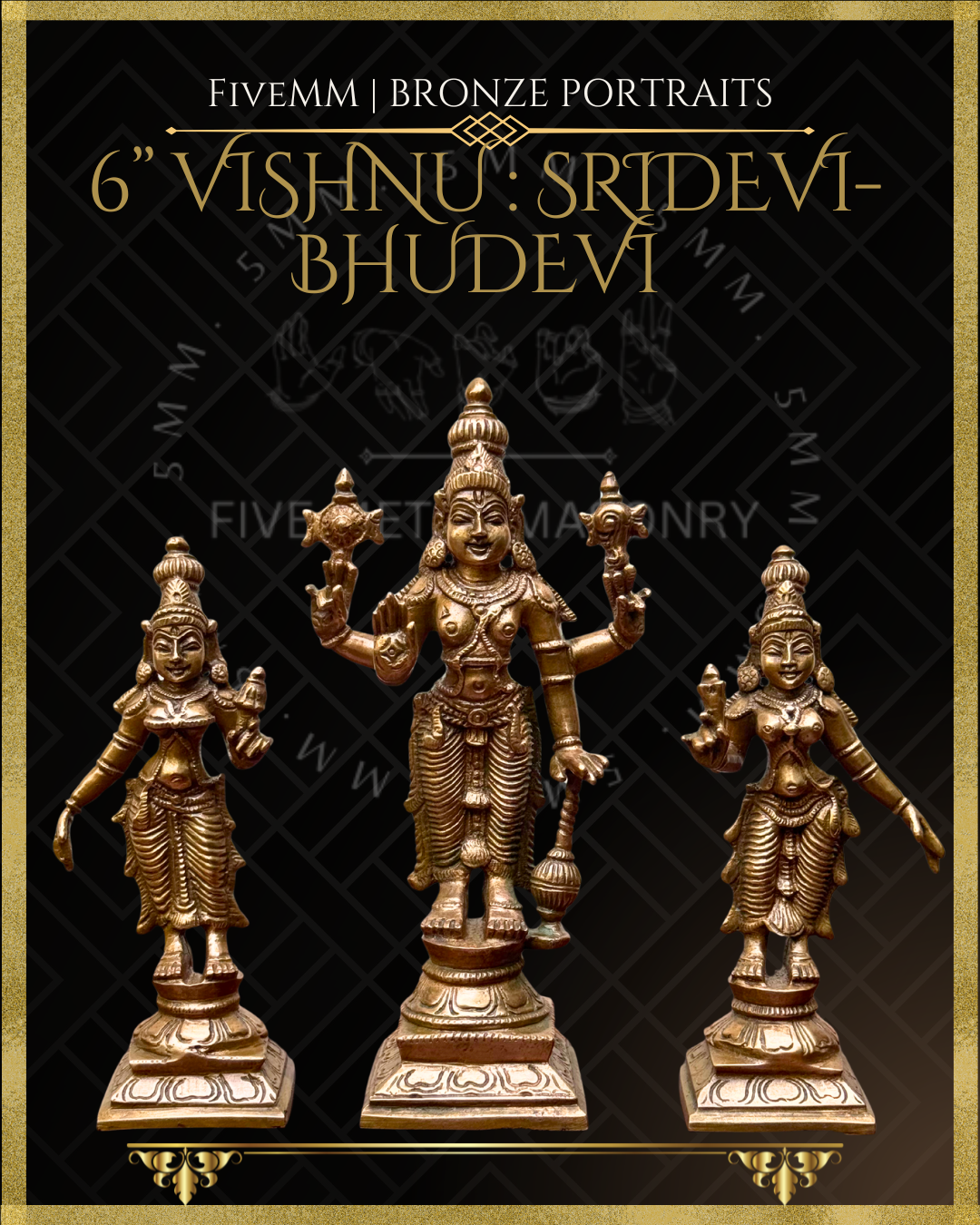 Vishnu with Sridevi-Bhudevi Panchaloha Bronze statue – per Shilpa Sastra iconography, handcrafted by lost wax casting – Front view