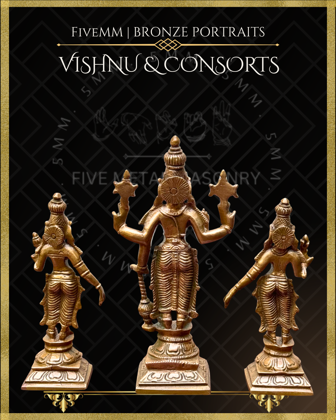 Vishnu with Sridevi-Bhudevi Panchaloha Bronze statue – per Shilpa Sastra iconography, handcrafted by lost wax casting – Back view