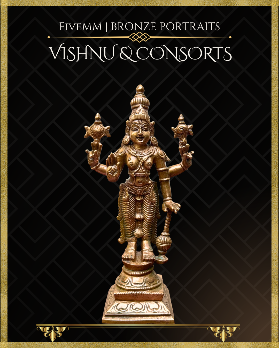 Vishnu with Sridevi-Bhudevi Panchaloha Bronze statue – per Shilpa Sastra iconography, handcrafted by lost wax casting – Vishnu closeup