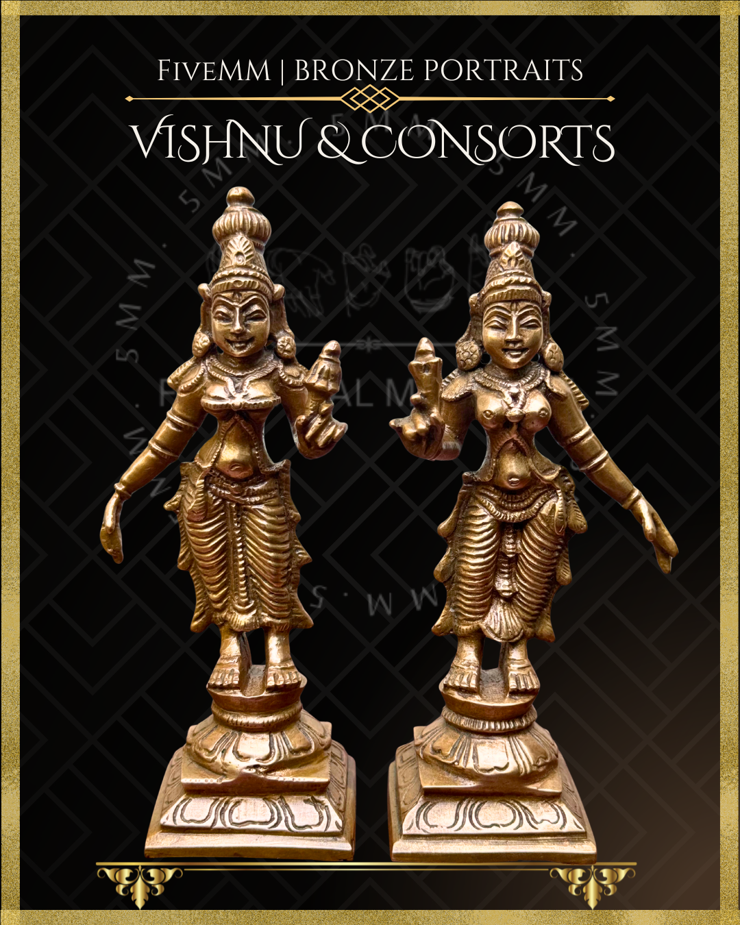 Vishnu with Sridevi-Bhudevi Panchaloha Bronze statue – per Shilpa Sastra iconography, handcrafted by lost wax casting – Devis closeup