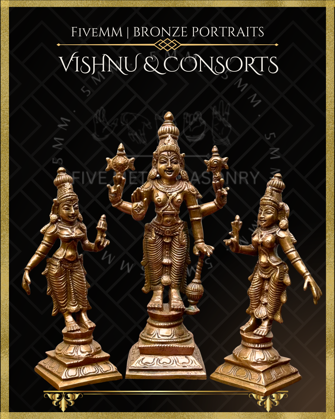Vishnu with Sridevi-Bhudevi Panchaloha Bronze statue – per Shilpa Sastra iconography, handcrafted by lost wax casting – Front angle view