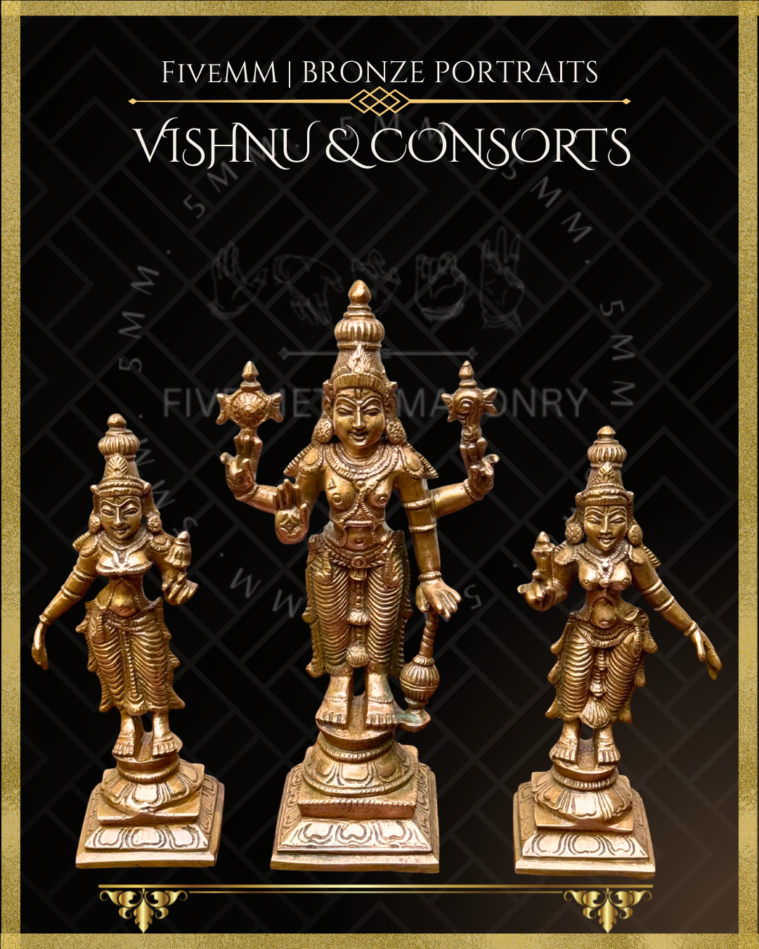 Vishnu with Sridevi-Bhudevi Panchaloha Bronze statue – per Shilpa Sastra iconography, handcrafted by lost wax casting – Top angle view