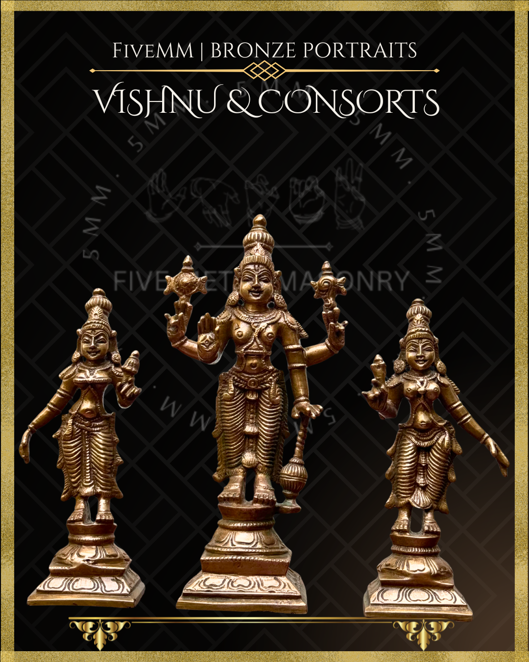 Vishnu with Sridevi-Bhudevi Panchaloha Bronze statue – per Shilpa Sastra iconography, handcrafted by lost wax casting – Bottom up angle view