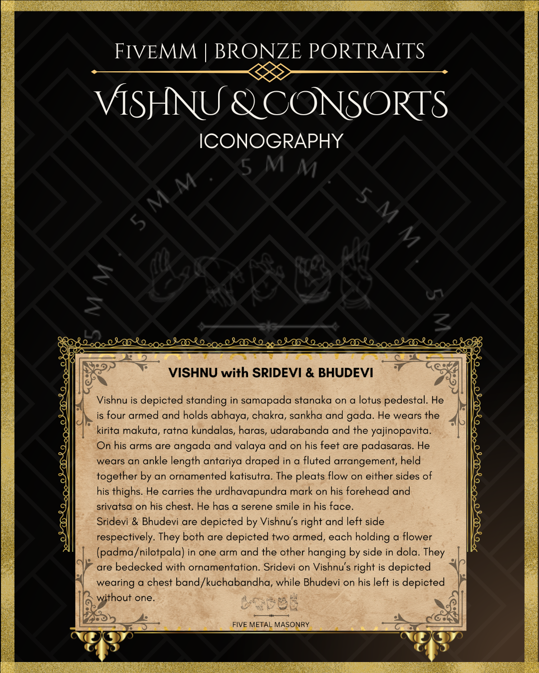 Vishnu with Sridevi-Bhudevi Panchaloha Bronze statue – per Shilpa Sastra iconography, handcrafted by lost wax casting – Iconographic Description