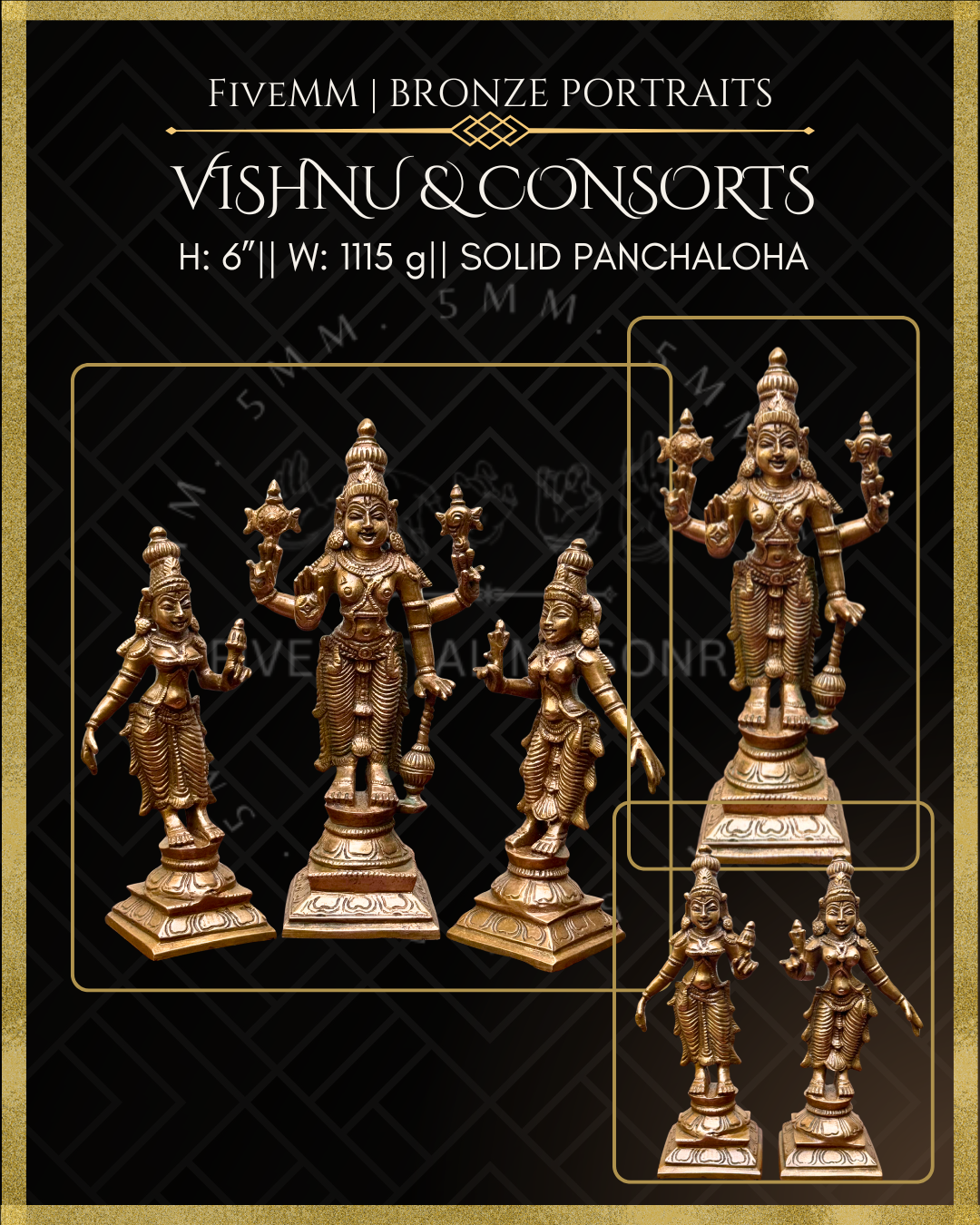 Vishnu with Sridevi-Bhudevi Panchaloha Bronze statue – per Shilpa Sastra iconography, handcrafted by lost wax casting – All angles view