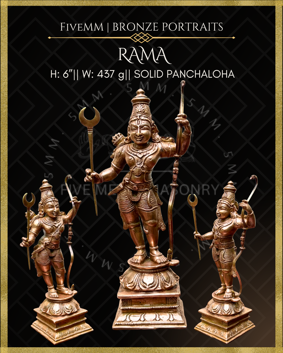 Rama Panchaloha Bronze statue – per Shilpa Sastra iconography, handcrafted by lost wax casting – All angles view