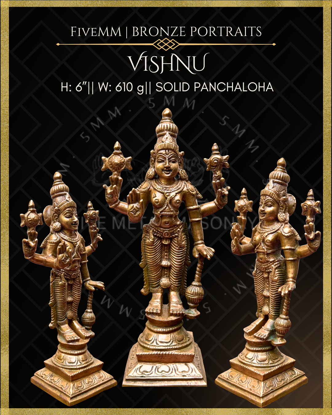 Vishnu Panchaloha Bronze statue – per Shilpa Sastra iconography, handcrafted by lost wax casting – All angle view