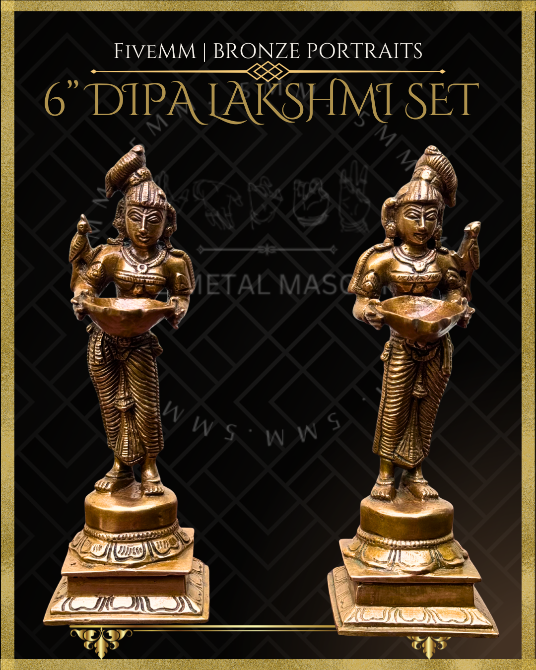 Set of Dipalakshmi / Paavai Vilakku Panchaloha Bronze statue – per Shilpa Sastra iconography, handcrafted by lost wax casting – Front view
