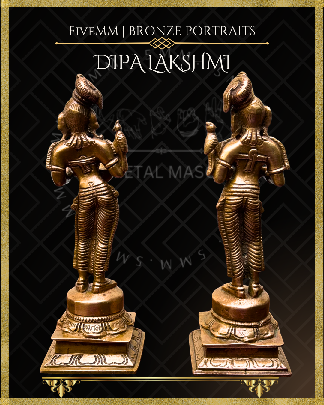 Set of Dipalakshmi / Paavai Vilakku Panchaloha Bronze statue – per Shilpa Sastra iconography, handcrafted by lost wax casting – Rear view