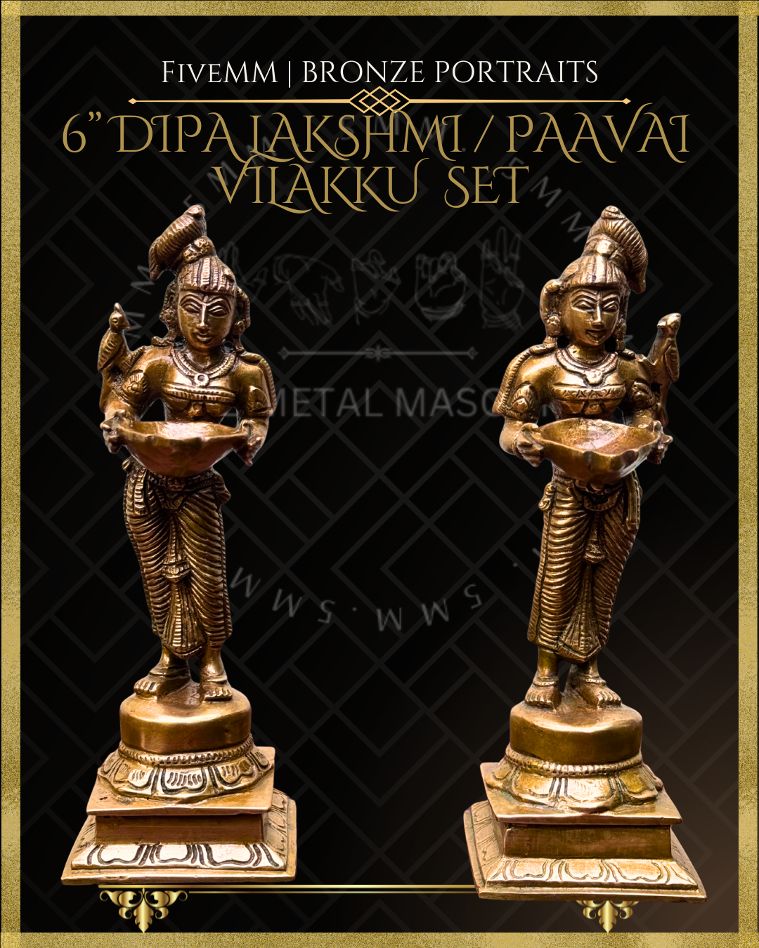 Set of Dipalakshmi / Paavai Vilakku Panchaloha Bronze statue – per Shilpa Sastra iconography, handcrafted by lost wax casting – Front view