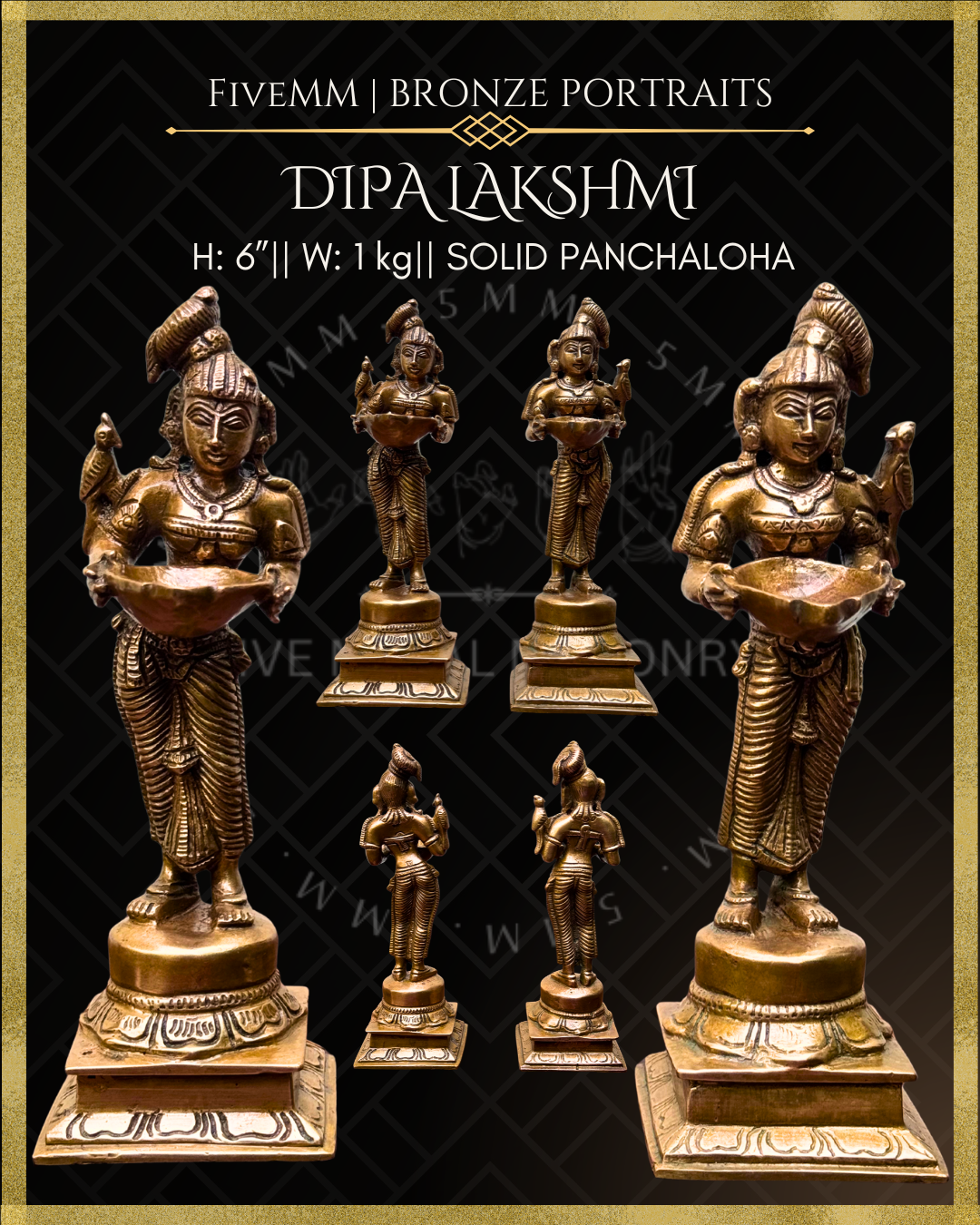 Set of Dipalakshmi / Paavai Vilakku Panchaloha Bronze statue – per Shilpa Sastra iconography, handcrafted by lost wax casting – All angles view