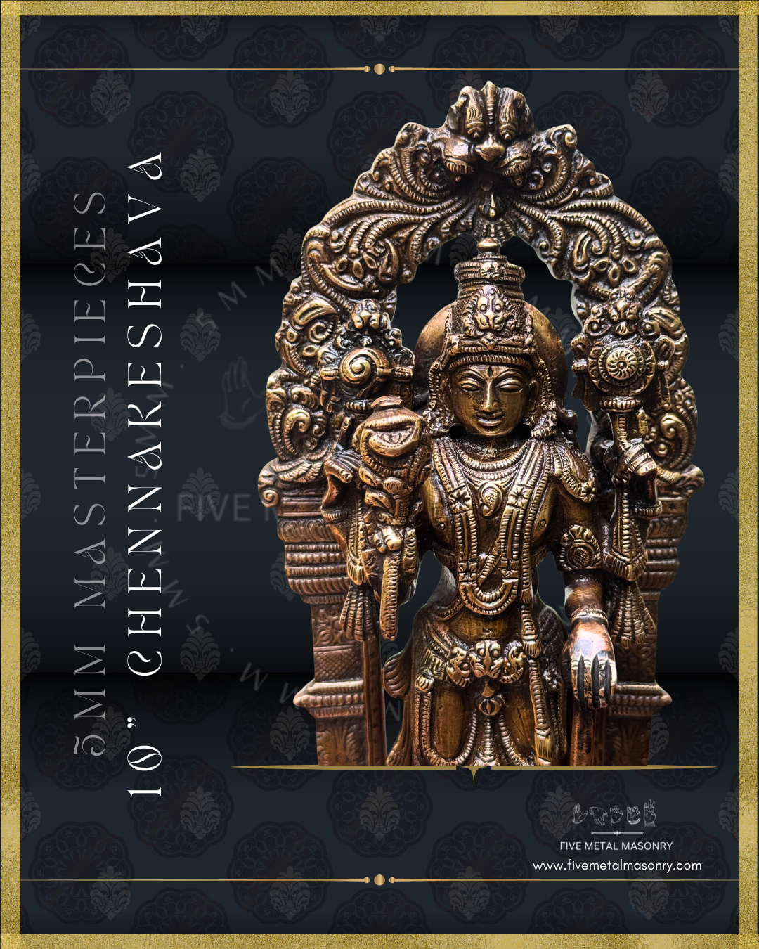 Chennakeshava Perumal Panchaloha Bronze statue -  Masterpieces Collection - Iconography per Shilpa Sastra, handcrafted lost wax casting – Upper part closeup view