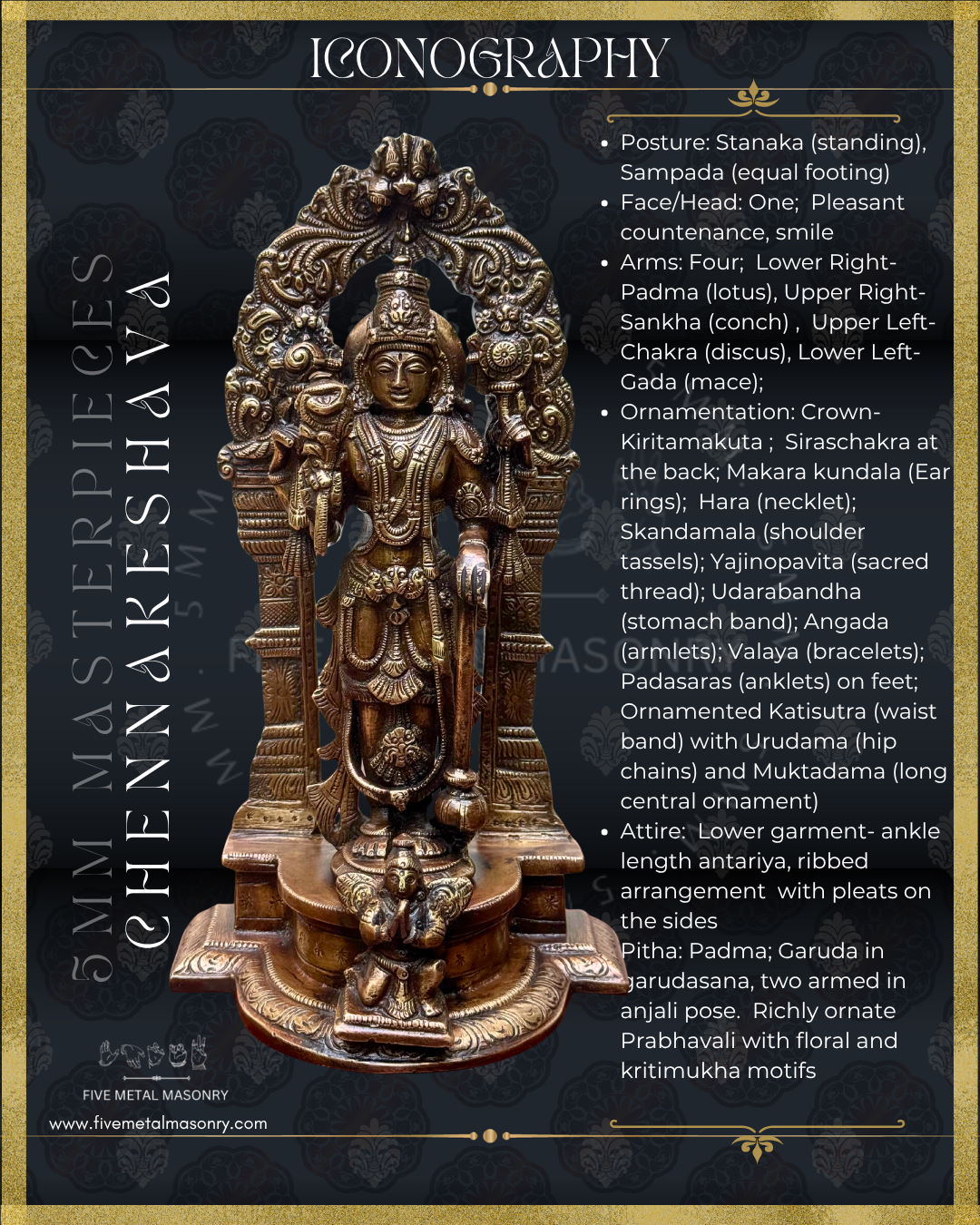 Chennakeshava Perumal Panchaloha Bronze statue -  Masterpieces Collection - Iconography per Shilpa Sastra, handcrafted lost wax casting – Iconographic description
