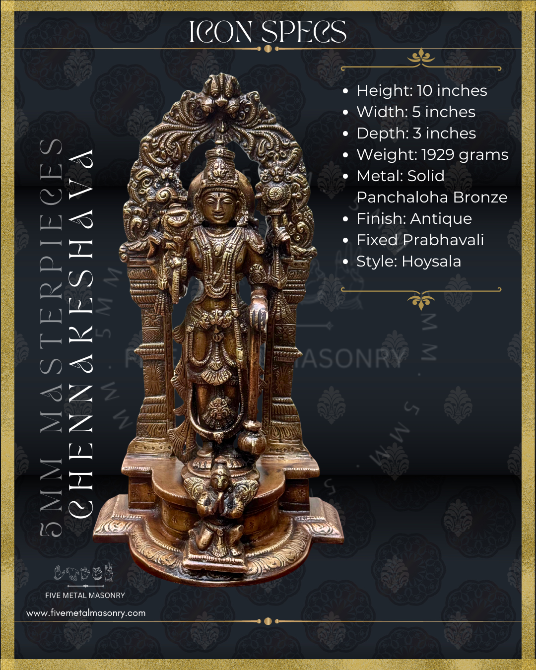 Chennakeshava Perumal Panchaloha Bronze statue -  Masterpieces Collection - Iconography per Shilpa Sastra, handcrafted lost wax casting – Dimensions view