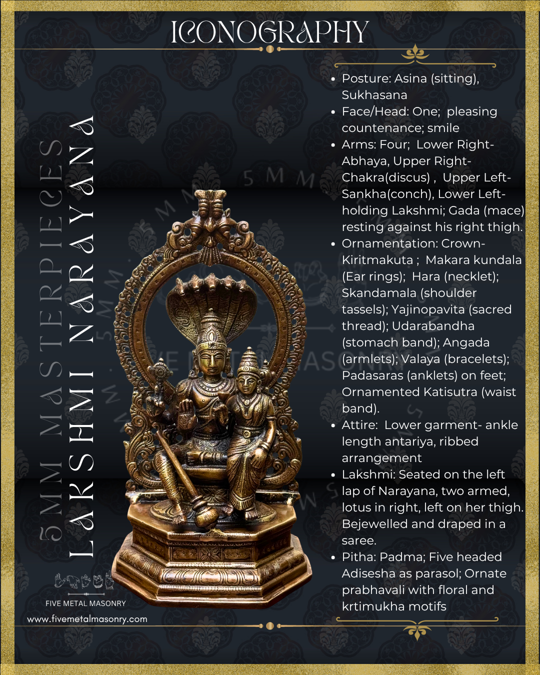Lakshmi Narayana Panchaloha Bronze statue -  Masterpieces Collection - Iconography per Shilpa Sastra, handcrafted lost wax casting – Iconographic description