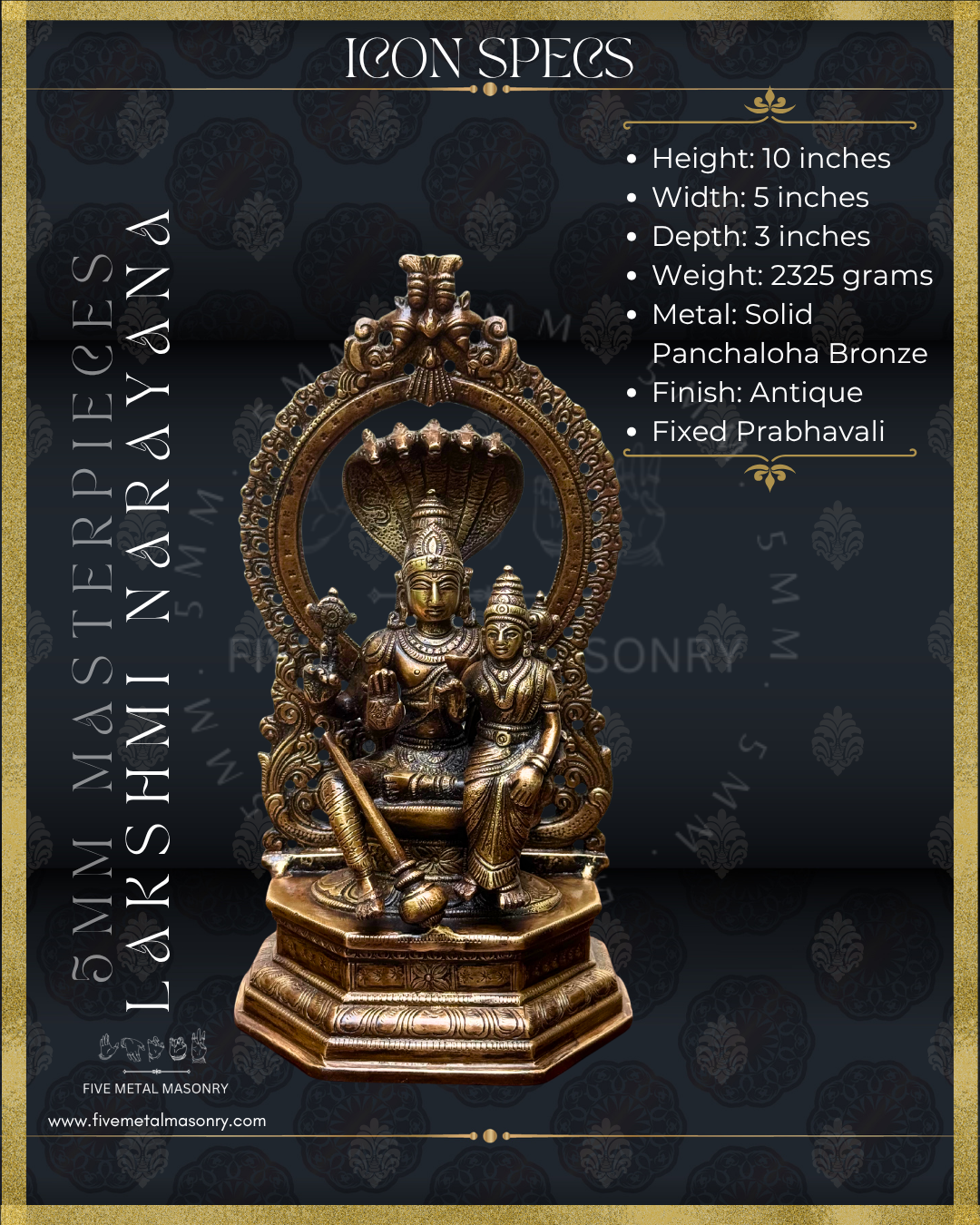 Lakshmi Narayana Panchaloha Bronze statue -  Masterpieces Collection - Iconography per Shilpa Sastra, handcrafted lost wax casting – Dimensions view