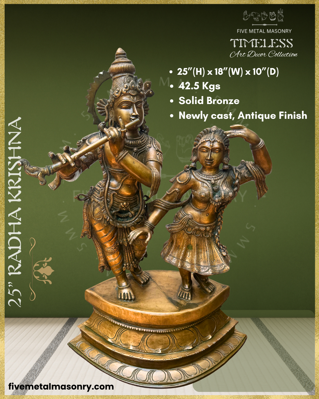 Dimensions of Handcrafted Panchaloha bronze Radha Krishna sculpture from the Timeless Collection, depicting Krishna playing the flute in a crossed-leg stance beside Radha in a graceful standing pose, with detailed ornaments, garments and lotus pedestal.