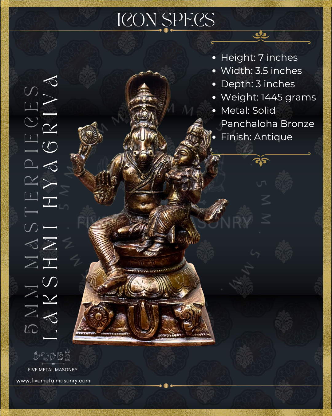 Lakshmi Hyagriva Panchaloha Bronze statue -  Masterpieces Collection - Iconography per Shilpa Sastra, handcrafted lost wax casting – Dimensions view