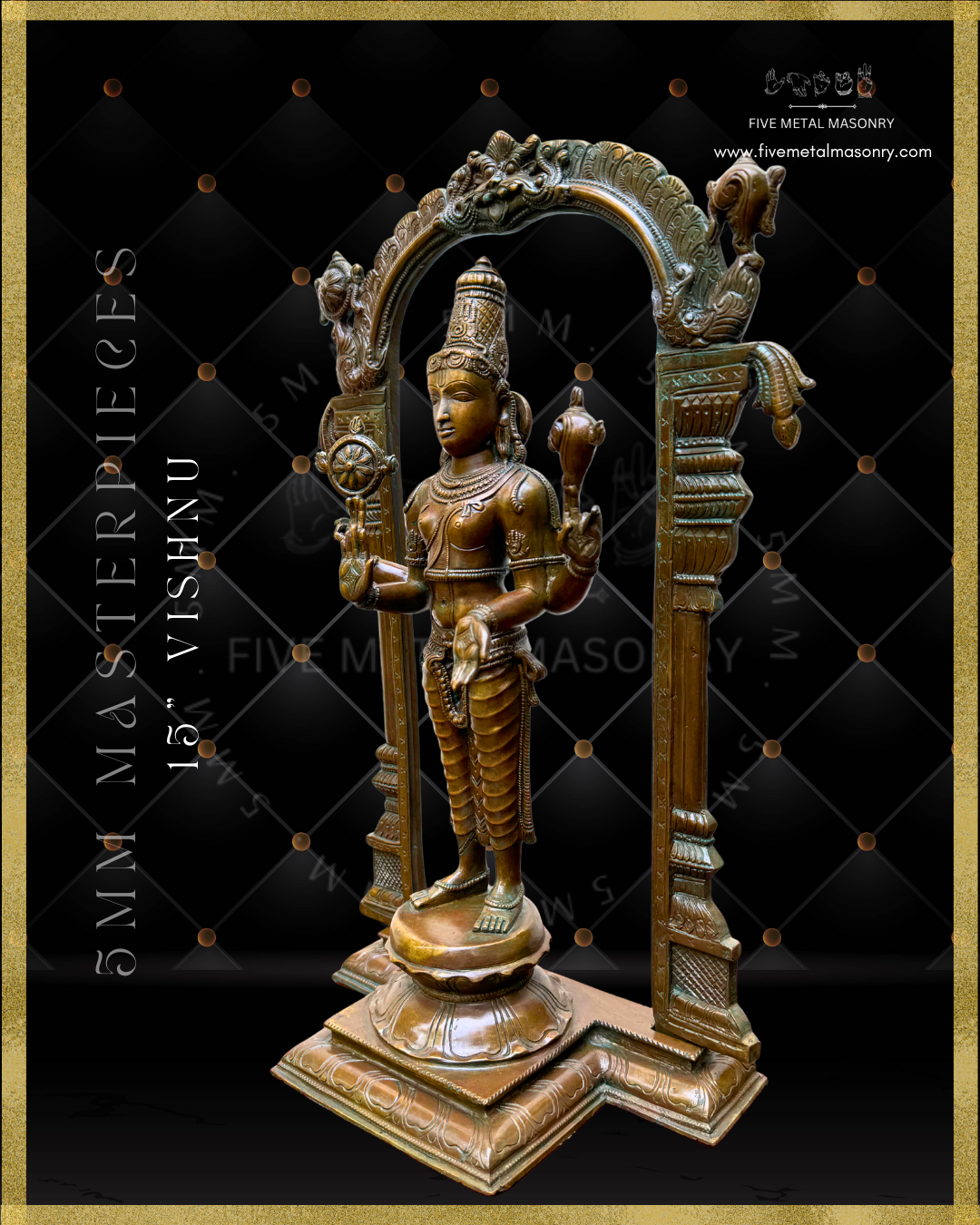 Vishnu Panchaloha Bronze statue -  Masterpieces Collection - Iconography per Shilpa Sastra, handcrafted lost wax casting- Left facing view