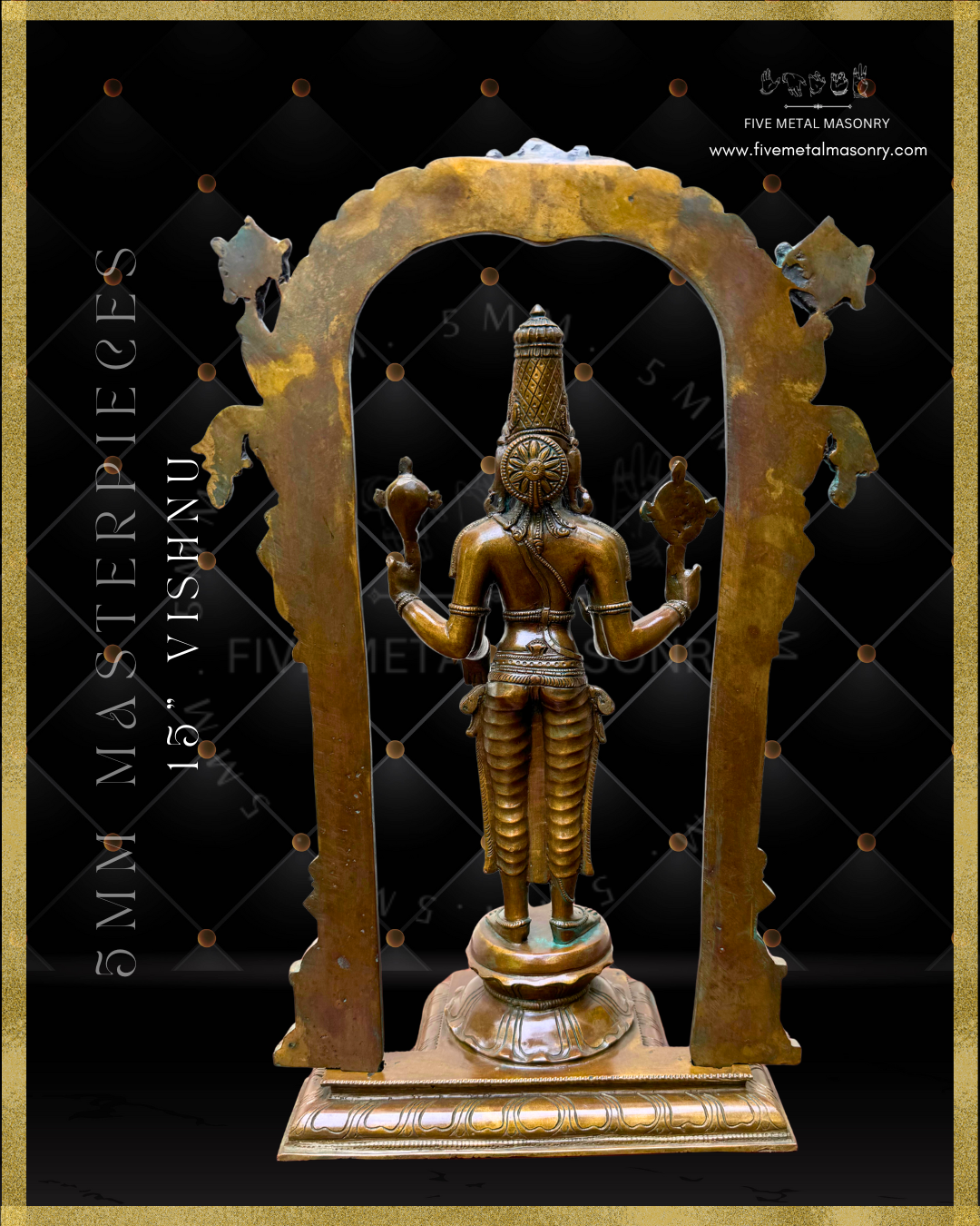 Vishnu Panchaloha Bronze statue -  Masterpieces Collection - Iconography per Shilpa Sastra, handcrafted lost wax casting- Rear view