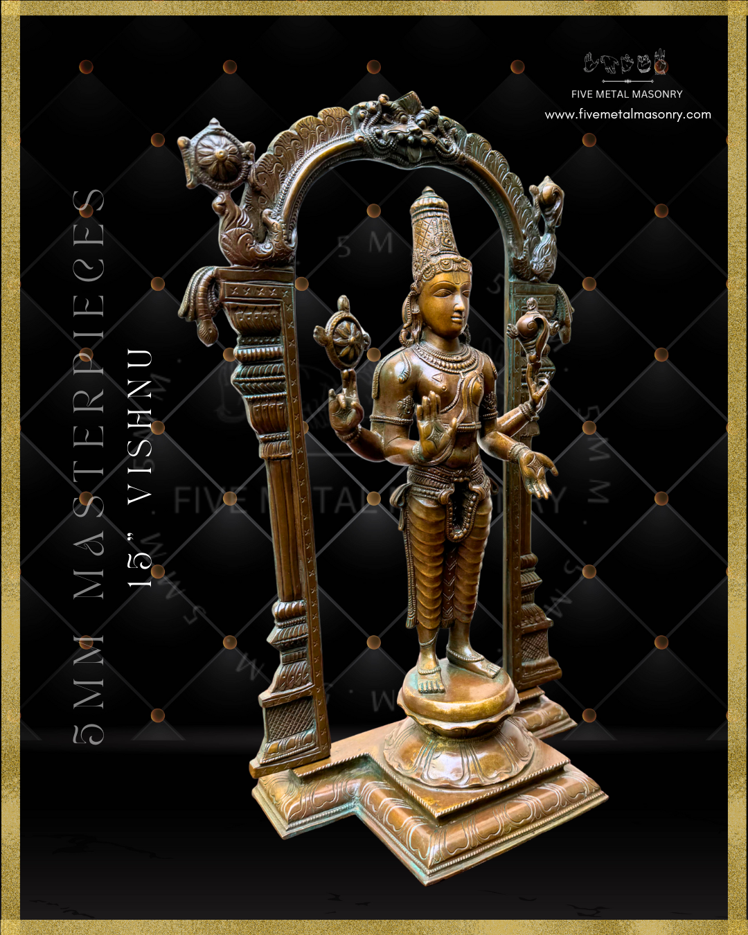 Vishnu Panchaloha Bronze statue -  Masterpieces Collection - Iconography per Shilpa Sastra, handcrafted lost wax casting- Right facing view