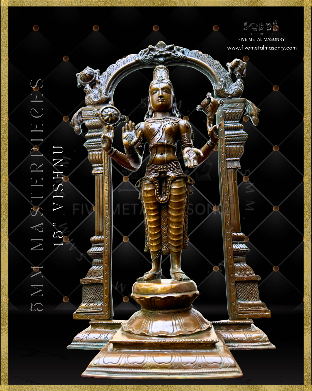 Vishnu Panchaloha Bronze statue -  Masterpieces Collection - Iconography per Shilpa Sastra, handcrafted lost wax casting- Bottom up angle view