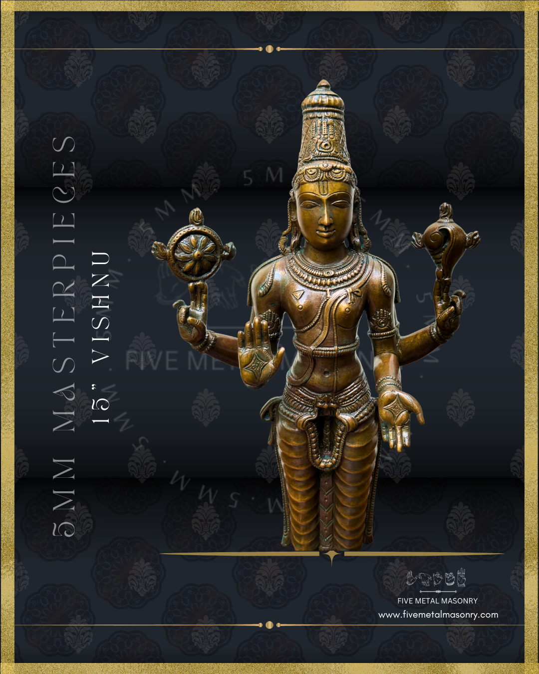 Vishnu Panchaloha Bronze statue -  Masterpieces Collection - Iconography per Shilpa Sastra, handcrafted lost wax casting- Upper closeup view
