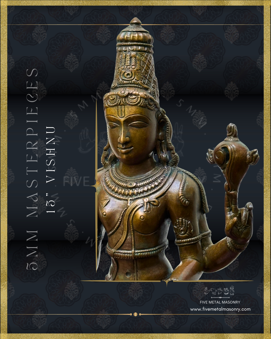 Vishnu Panchaloha Bronze statue -  Masterpieces Collection - Iconography per Shilpa Sastra, handcrafted lost wax casting- Upper Left view