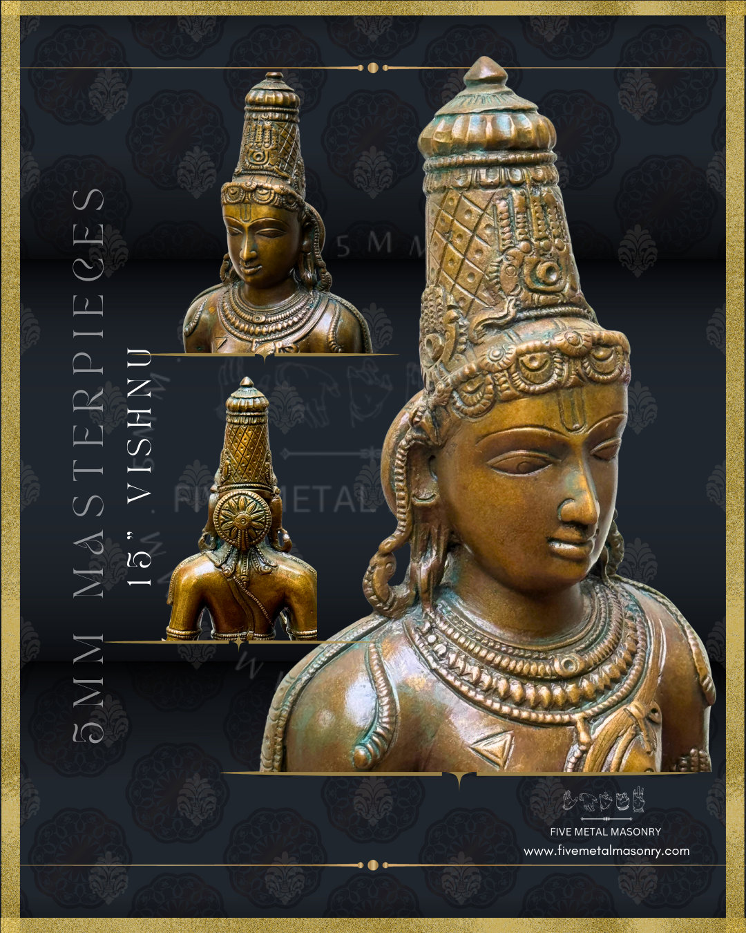 Vishnu Panchaloha Bronze statue -  Masterpieces Collection - Iconography per Shilpa Sastra, handcrafted lost wax casting- Face closeup view