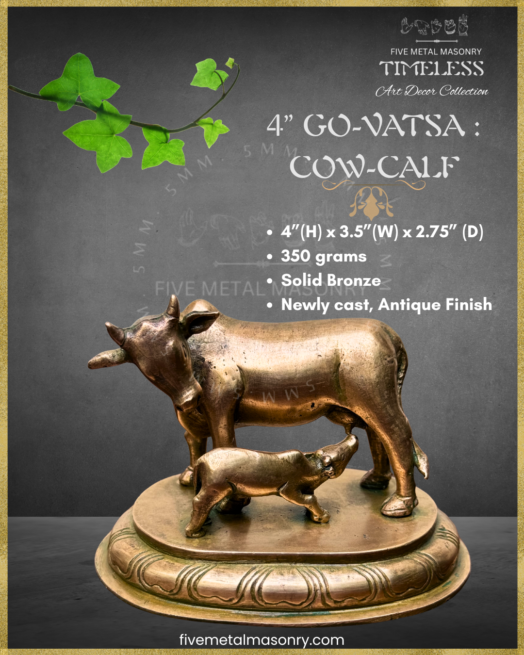Bronze sculpture of a cow and calf on a dark background with product details.