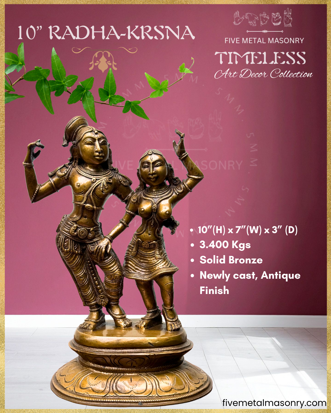 Radha Krishna Panchaloha Bronze statue – Timeless Collection - Iconography per Shilpa Sastra, Handcrafted lost wax casting – Dimensions