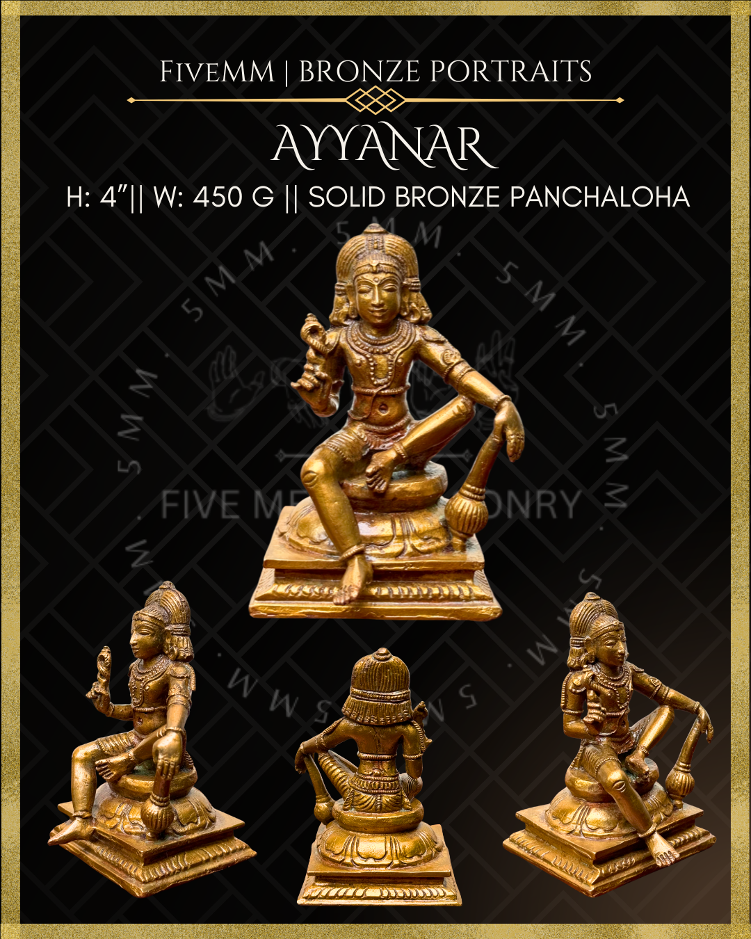 Ayyanar Panchaloha Bronze statue – per Shilpa Sastra iconography, handcrafted by lost wax casting – All angles view