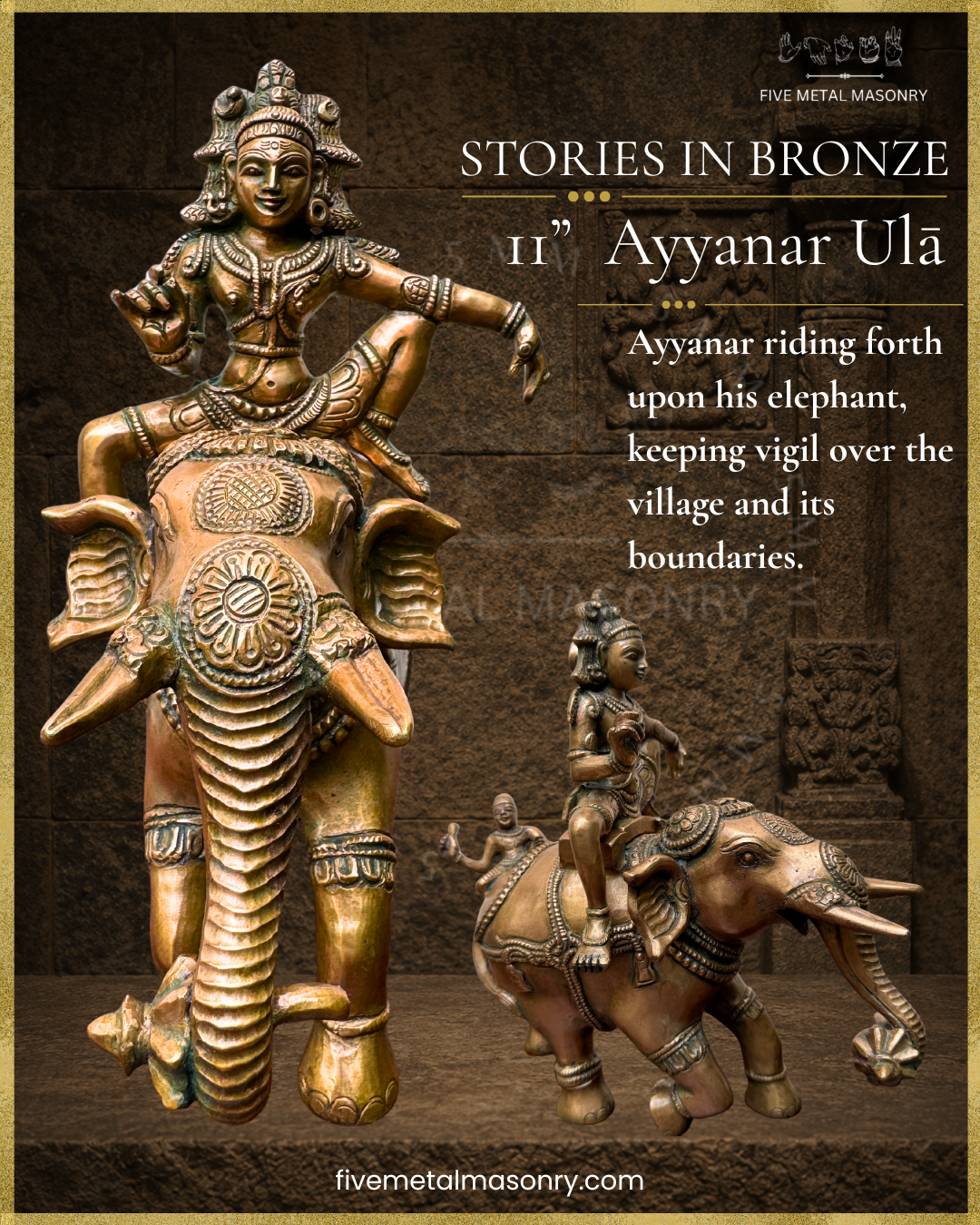 Handcrafted Panchaloha bronze Ayyanar Ula, depicting Ayyanar seated in utkutikasana on an ornamented elephant, with a mahout behind and a cluster of bananas held in the elephant’s trunk, from the Stories in Bronze Collection, aligned with silpa-sastra and South Indian iconographic tradition.