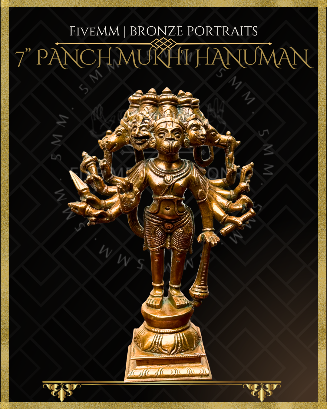 Panchmukhi Hanuman Panchaloha Bronze statue – per Shilpa Sastra iconography, handcrafted by lost wax casting – Front view