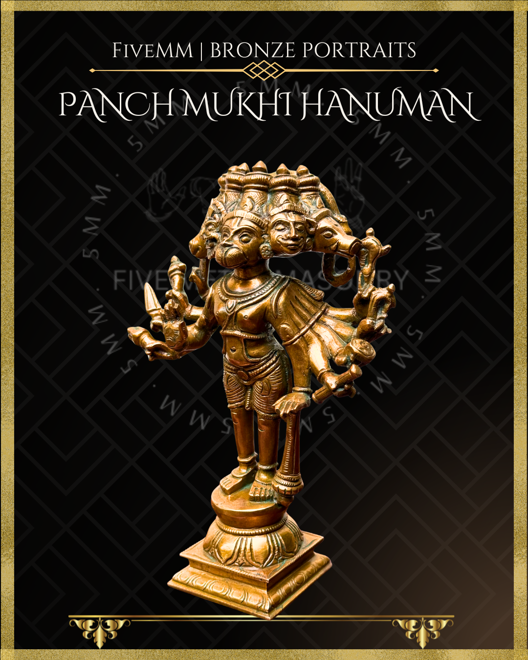 Panchmukhi Hanuman Panchaloha Bronze statue – per Shilpa Sastra iconography, handcrafted by lost wax casting – Left facing view