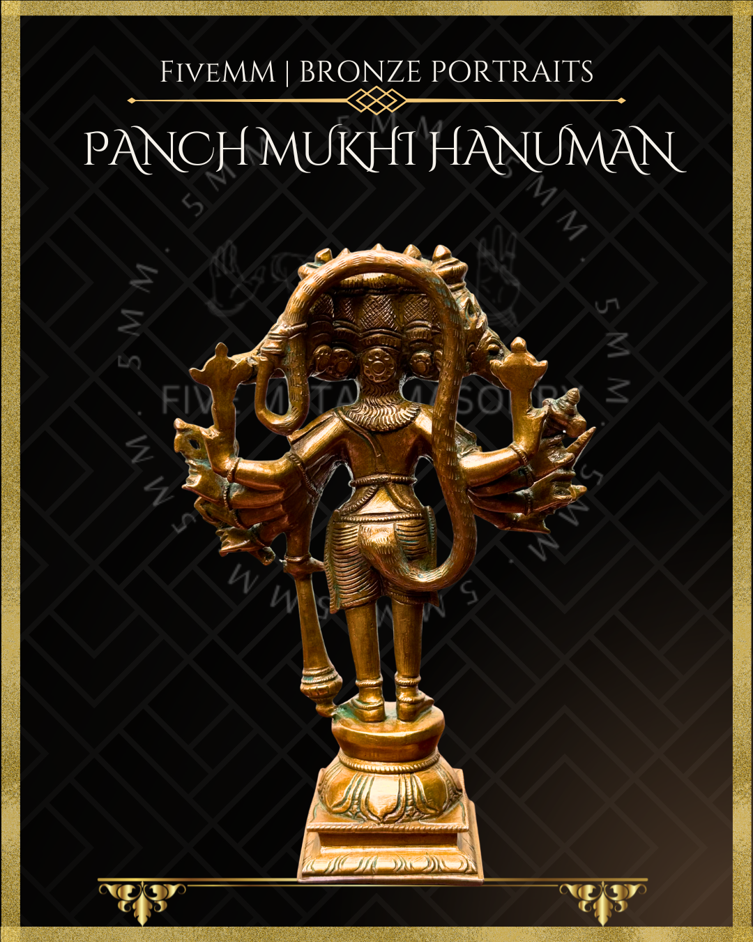 Panchmukhi Hanuman Panchaloha Bronze statue – per Shilpa Sastra iconography, handcrafted by lost wax casting – Rear view