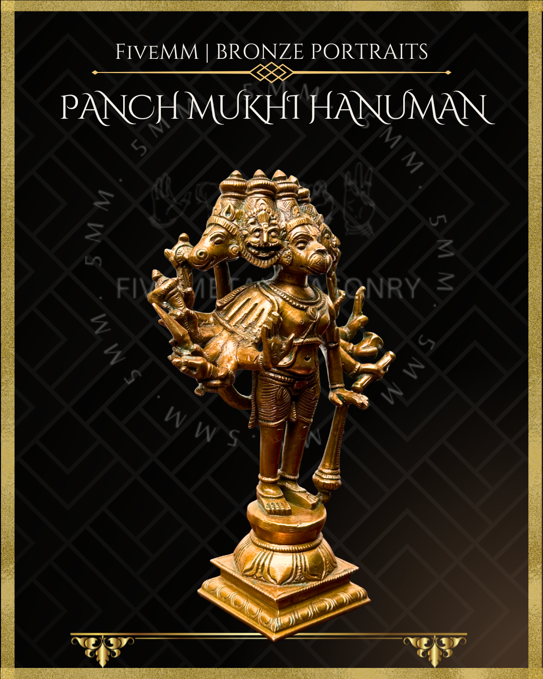 Panchmukhi Hanuman Panchaloha Bronze statue – per Shilpa Sastra iconography, handcrafted by lost wax casting – Right facing view