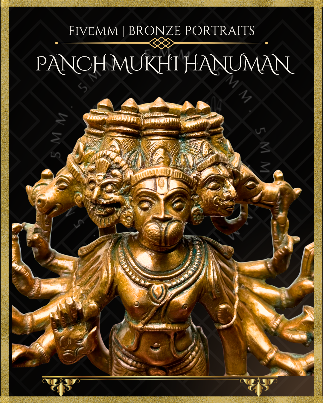 Panchmukhi Hanuman Panchaloha Bronze statue – per Shilpa Sastra iconography, handcrafted by lost wax casting – Closeup view