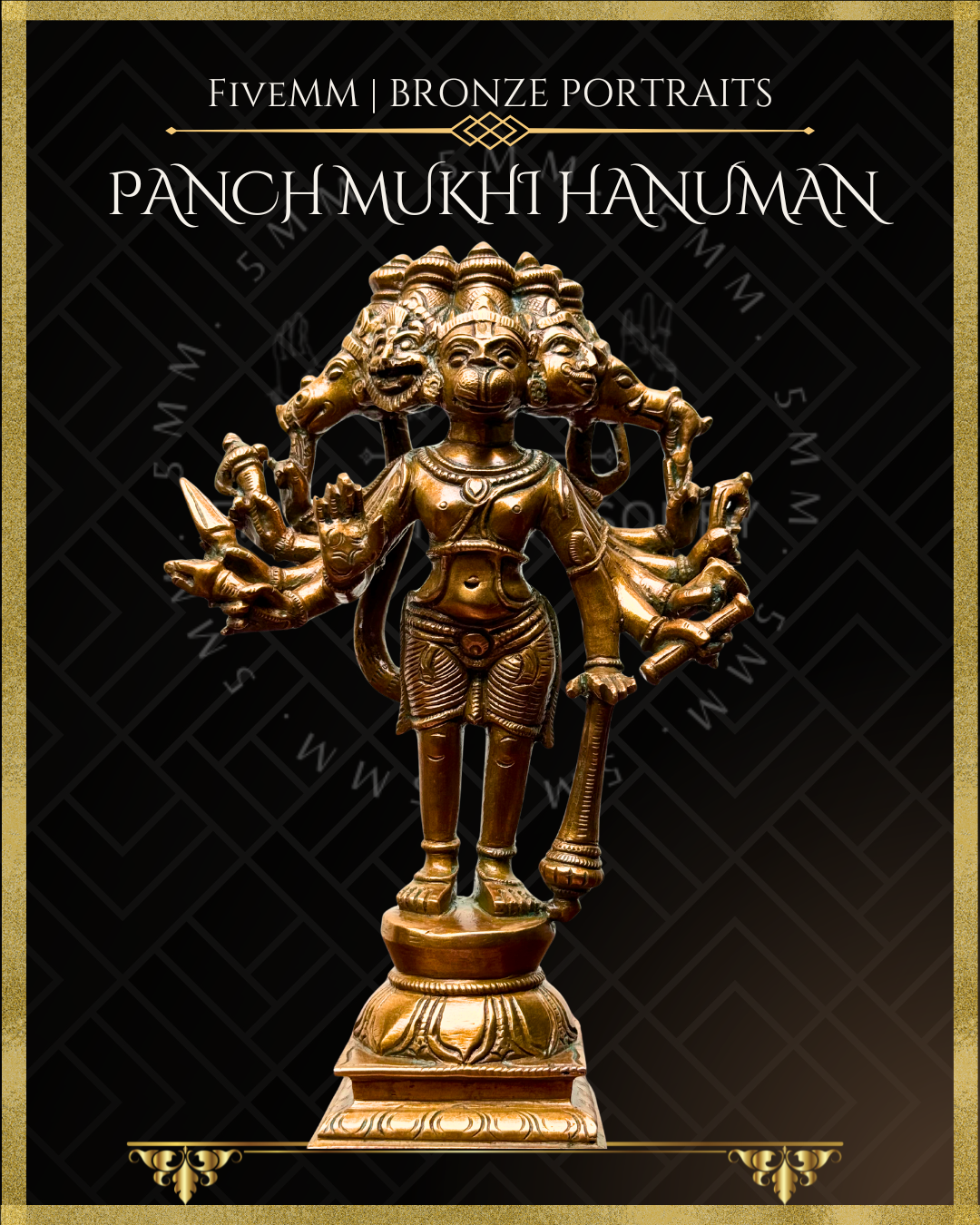 Panchmukhi Hanuman Panchaloha Bronze statue – per Shilpa Sastra iconography, handcrafted by lost wax casting – Bottom up angle view