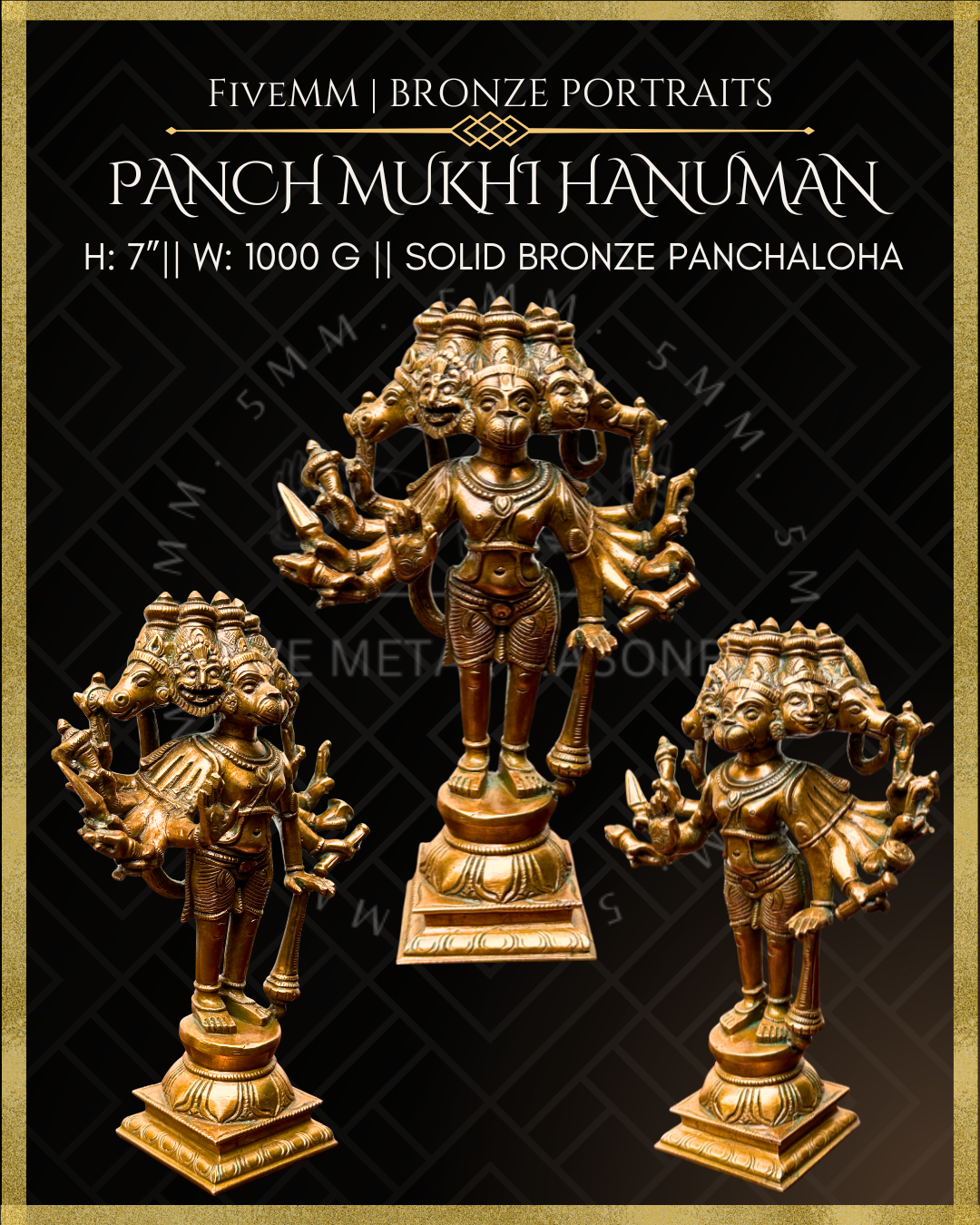 Panchmukhi Hanuman Panchaloha Bronze statue – per Shilpa Sastra iconography, handcrafted by lost wax casting – All angle view