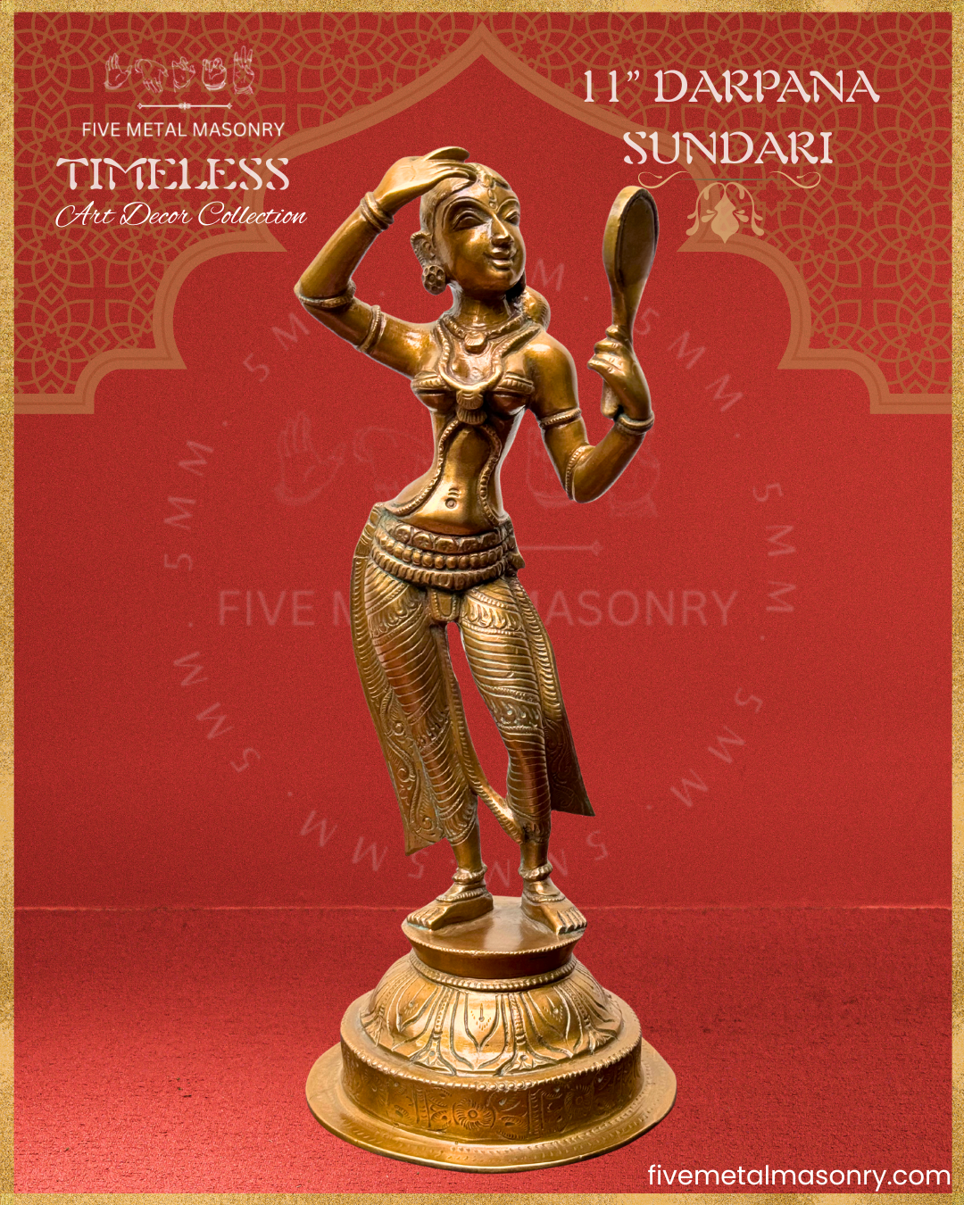 Apsara-Lady with mirror Panchaloha Bronze statue – Timeless Collection - Iconography per Shilpa Sastra, Handcrafted lost wax casting – Front view