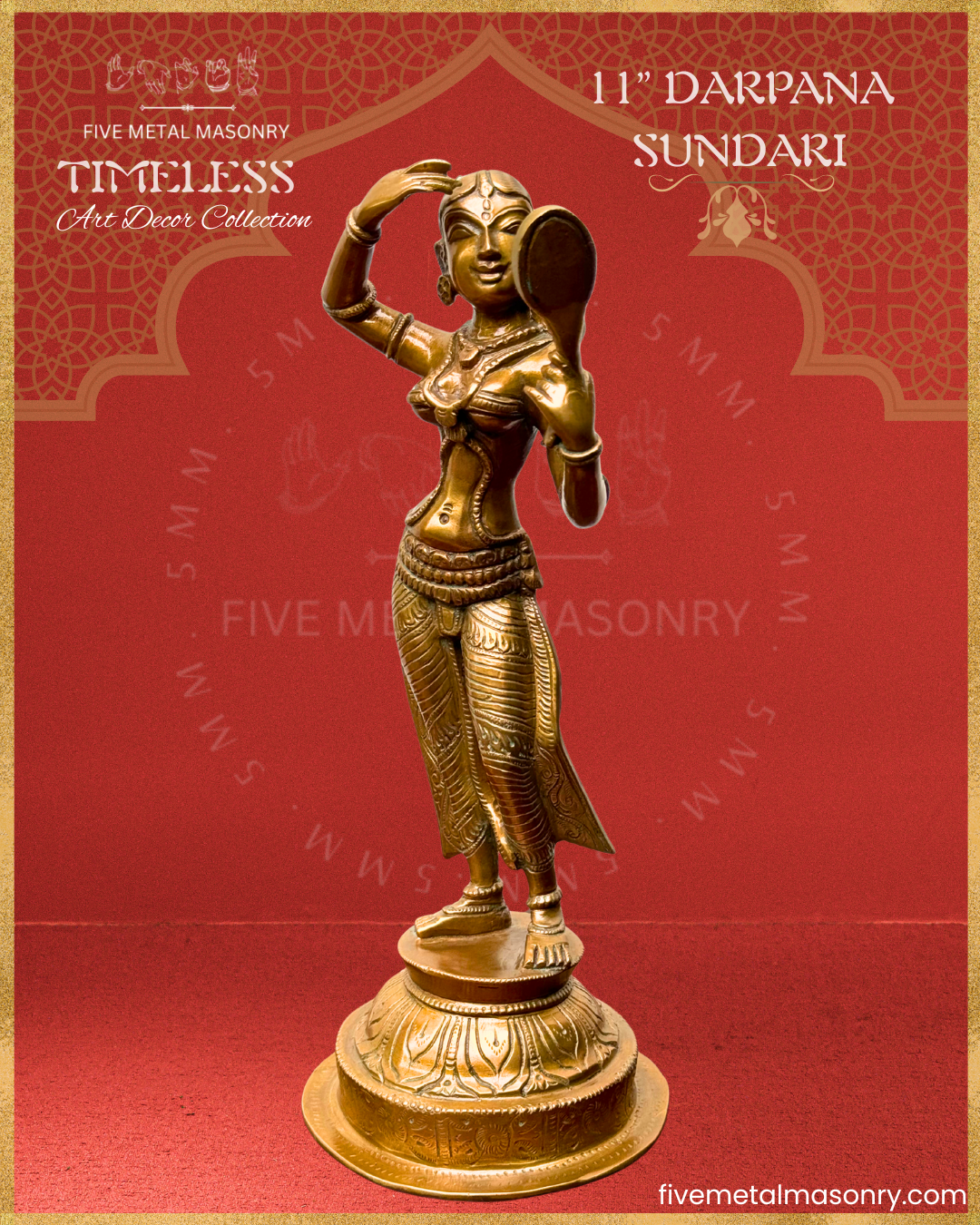 Apsara-Lady with mirror Panchaloha Bronze statue – Timeless Collection - Iconography per Shilpa Sastra, Handcrafted lost wax casting – Straight view